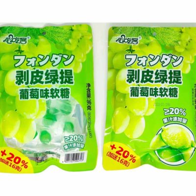 Peeled Green Grapes Fruits Jelly is a confectionery product that comes in a 96g pack and is made in China.