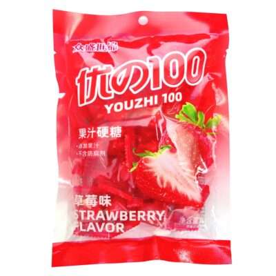 Youzhi 100 Strawberry Flavor Candy-86g Product information Country of Origin: China Product Name: YOUZHI 100 Strawberry Flavor Candy- 86g Ingredients: Sugar, glucose syrup, cocoa butter substitute, Strawberry juice concentrate (additional amount 8%), food additives (citric acid, DL-malic acid, sodium citrate, titanium dioxide, sunset yellow, Storage: Store in a Cool and Dry Place, Avoid Direct Sunlight. Barcode: 06975658260028