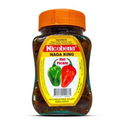 Nicobena Naga King Super Hot Pickle- 300gm Product Name: Nicobena Naga King Super Hot Pickle- 300gm Ingredients: Vegetable, Naga Chilli, Spices, Salt, Edible Oil, Sugar & Vinegar Storage: Store in a Cool and Dry Place, Avoid Direct Sunlight. Country of Origin: Bangladesh Barcode: 0724120155364